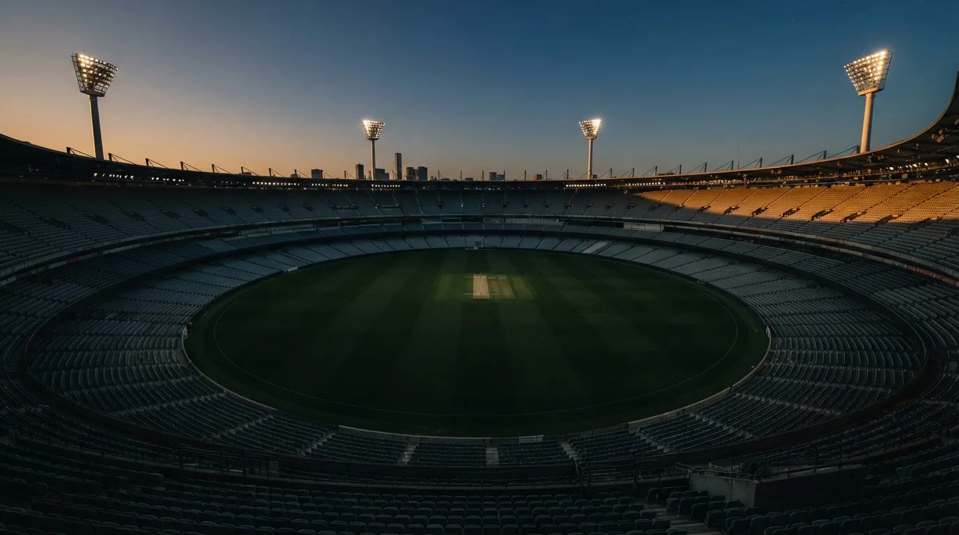 An empty football stadium with floodlight masts at dusk