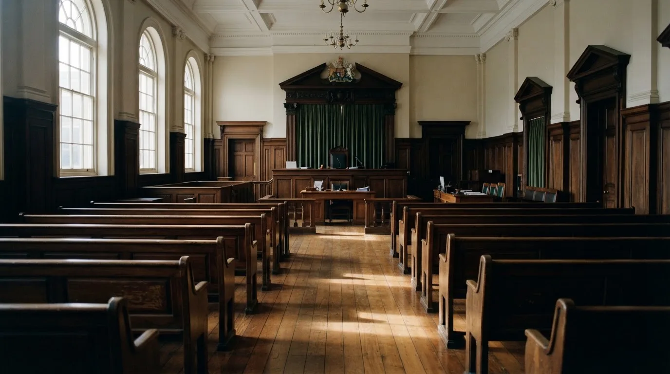 An empty courtroom with wooden benches in morning light