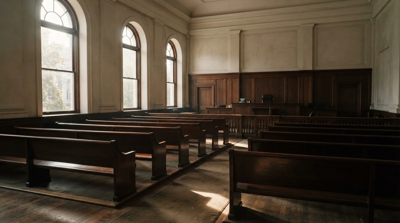 An empty courtroom with wooden benches in morning light