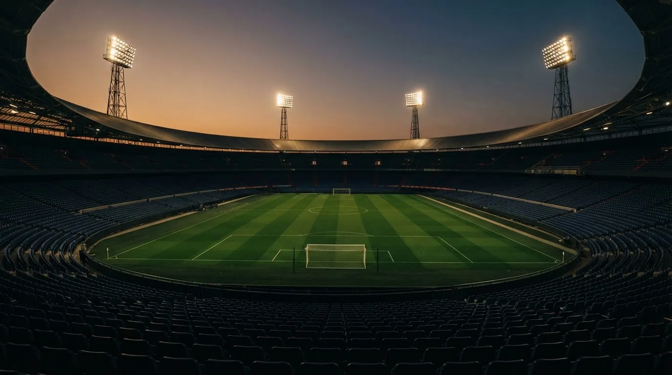 An empty football stadium with floodlight masts at dusk