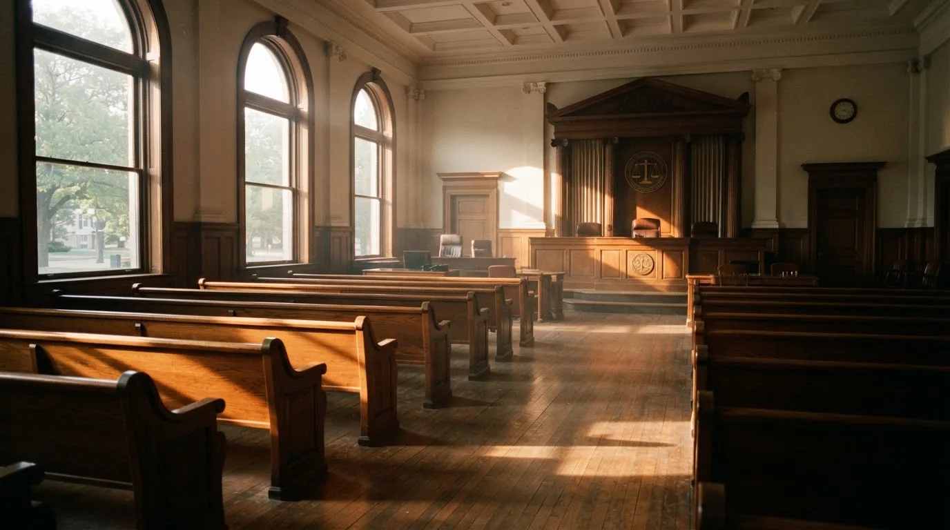 An empty courtroom with wooden benches in morning light