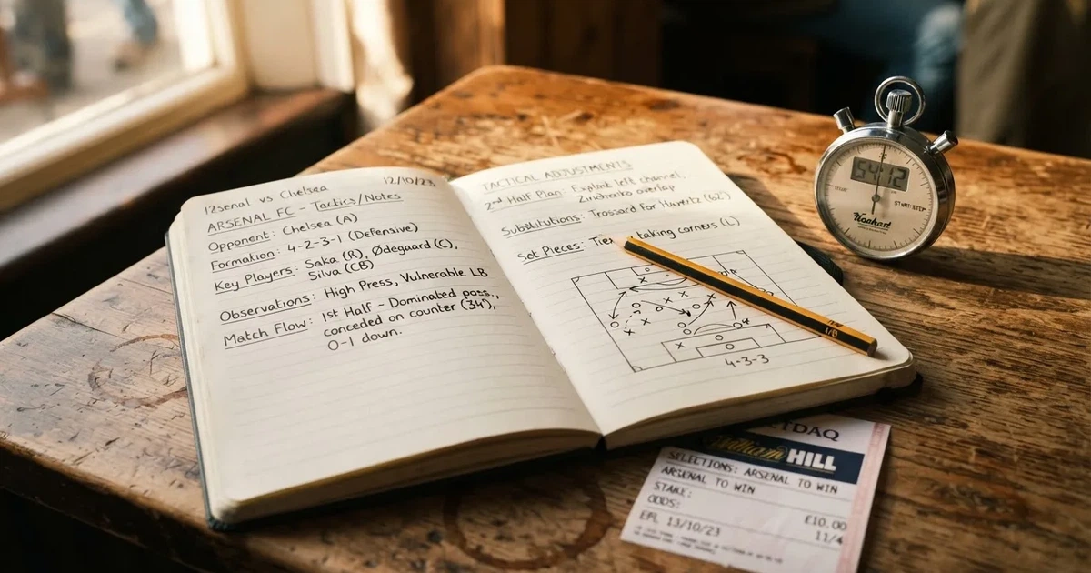 An open notebook with a pencil and a stopwatch on a wooden table