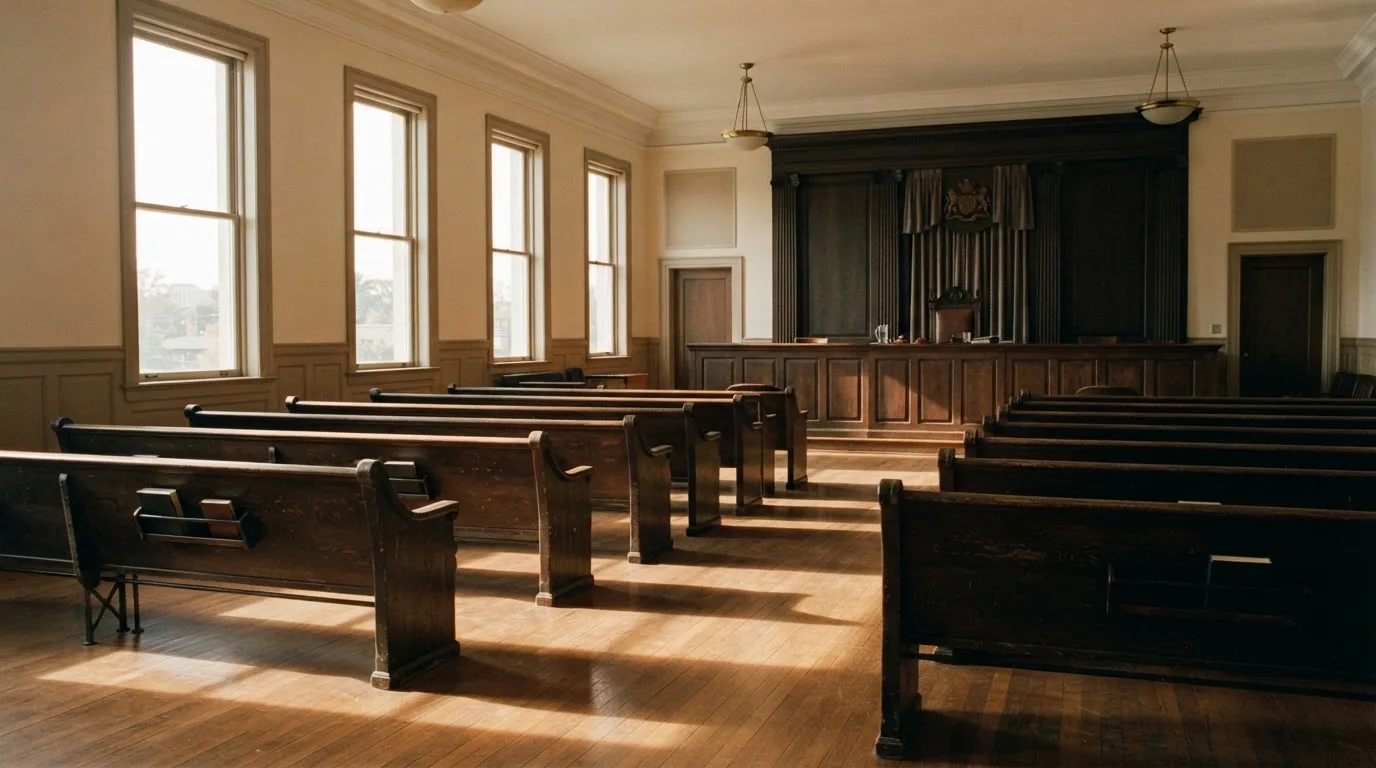 An empty courtroom with wooden benches in morning light