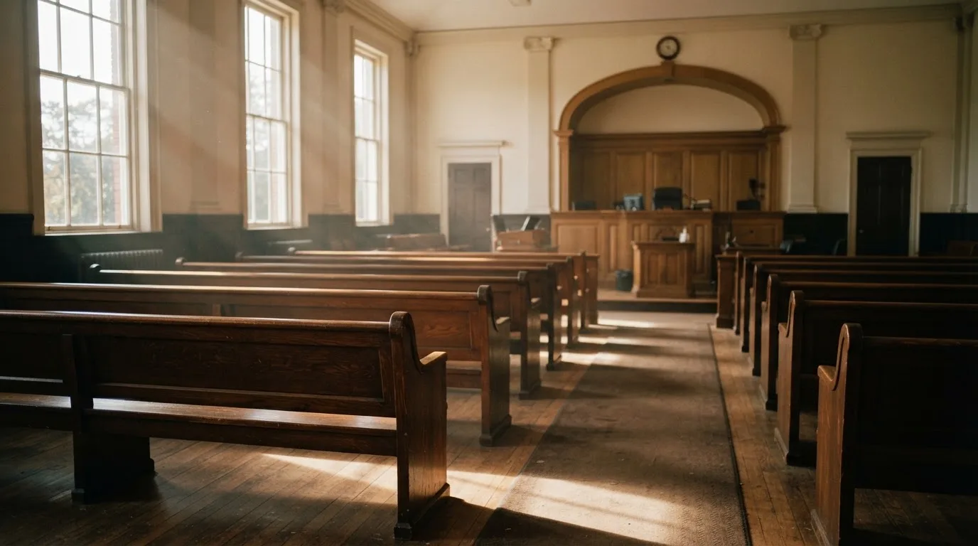 An empty courtroom with wooden benches in morning light