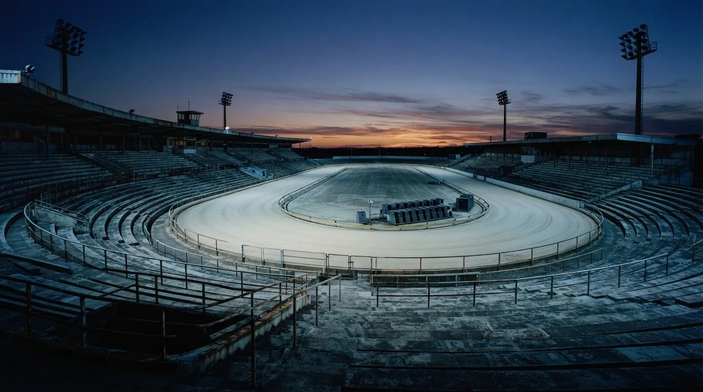 An empty football stadium with floodlight masts at dusk