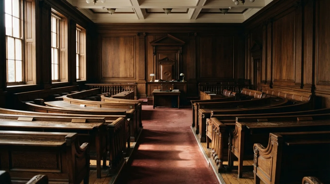 An empty courtroom with wooden benches in morning light