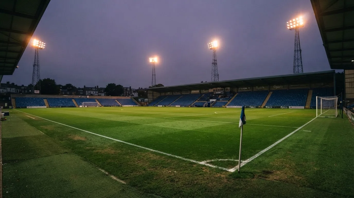 An empty football stadium with floodlight masts at dusk