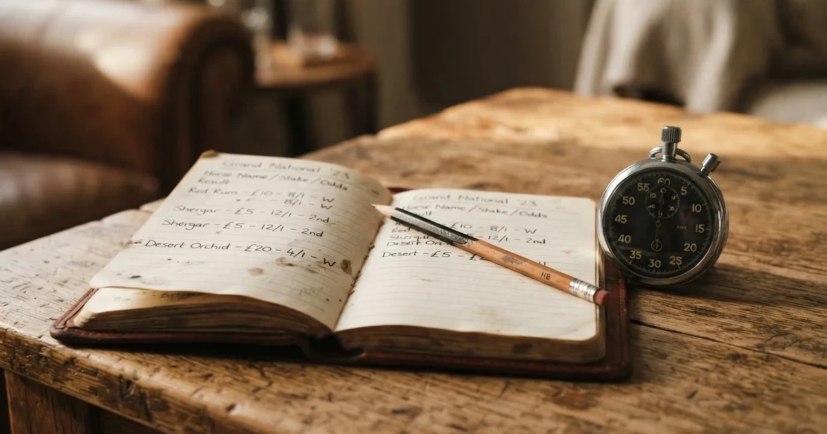 An open notebook with a pencil and a stopwatch on a wooden table