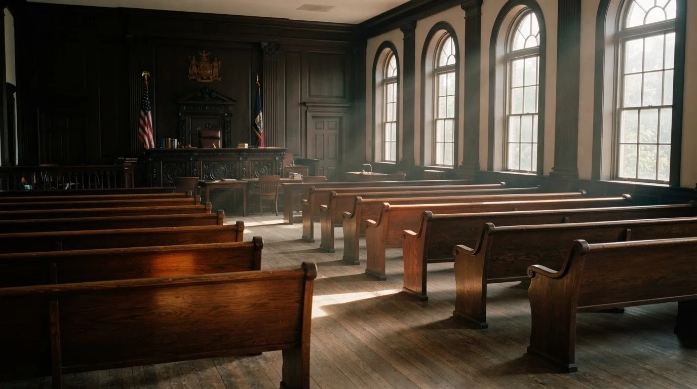 An empty courtroom with wooden benches in morning light