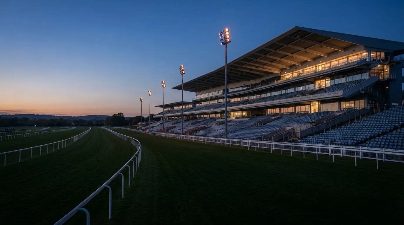 An empty football stadium with floodlight masts at dusk