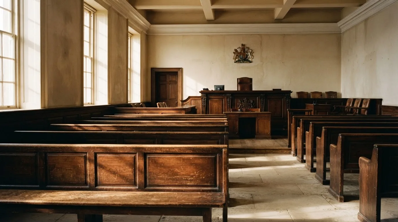 An empty courtroom with wooden benches in morning light