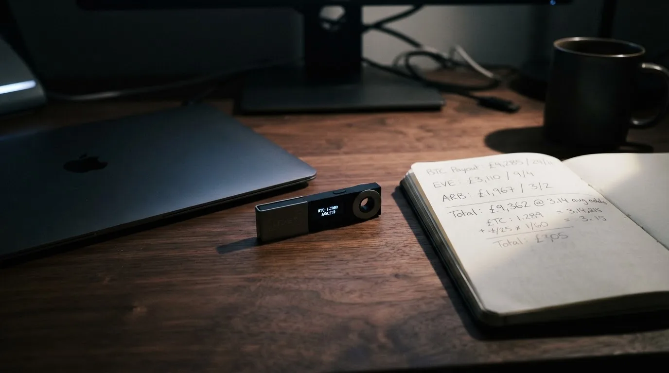 A hardware wallet and a closed laptop on a desk in dim light