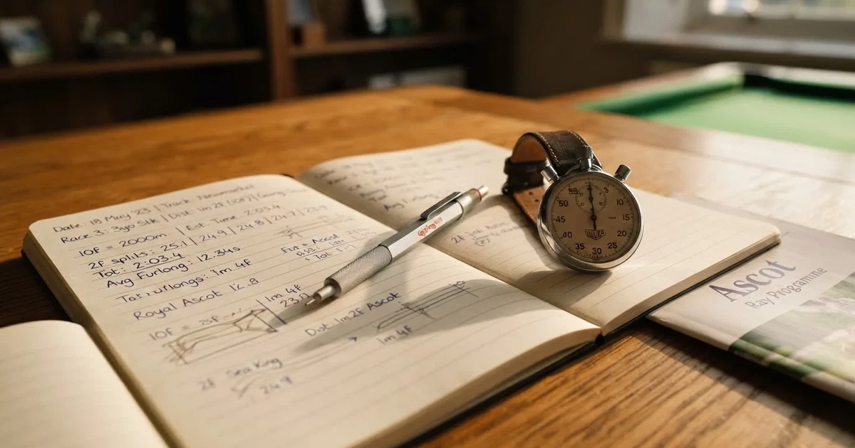 An open notebook with a pencil and a stopwatch on a wooden table