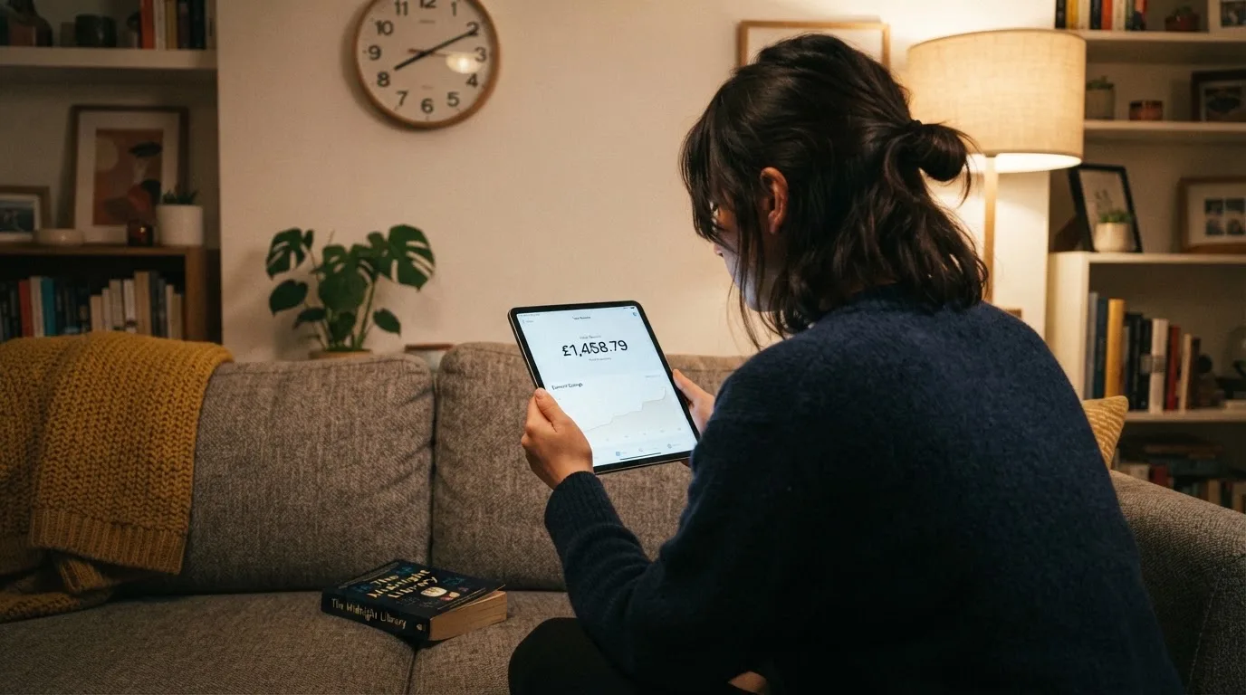 A person on a sofa looking thoughtfully at a tablet, a wall clock in the background