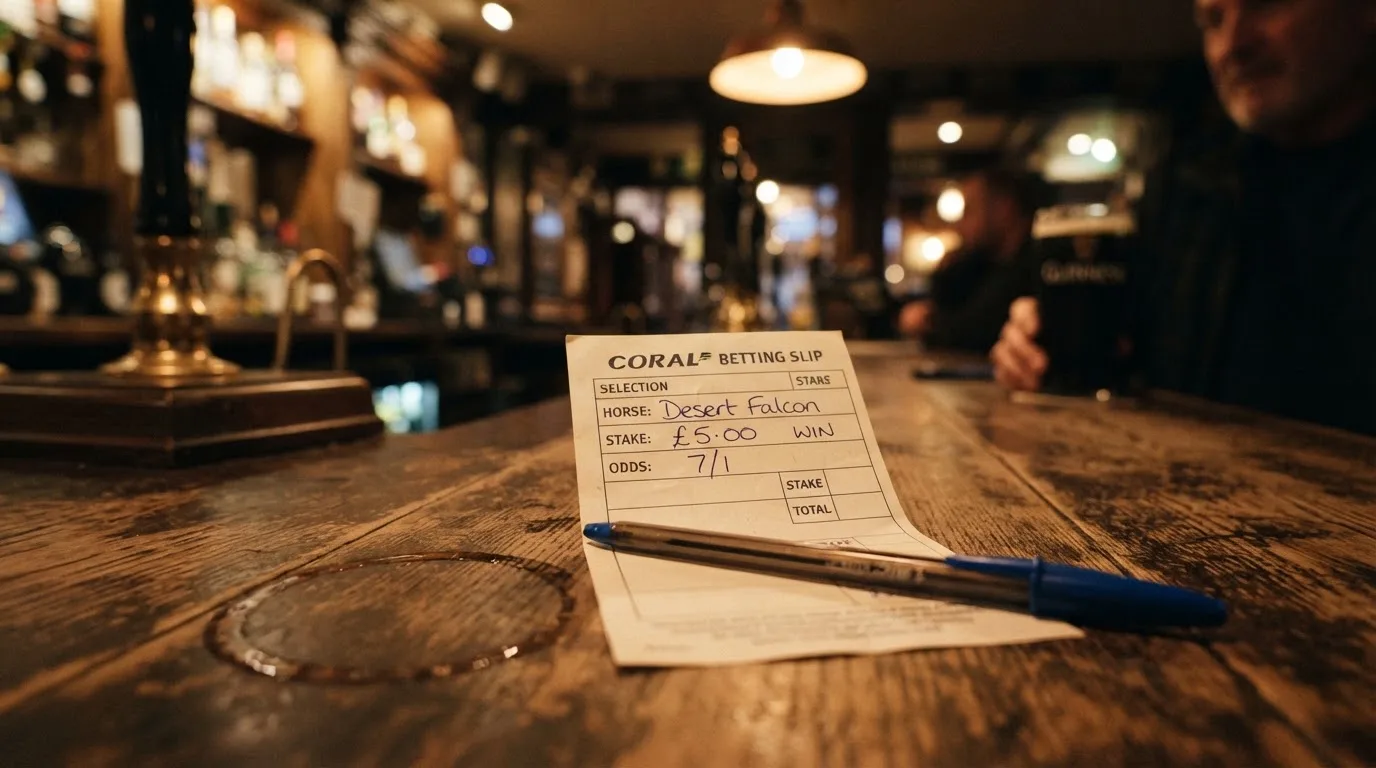 A blank paper betting slip beside a pen on a wooden counter