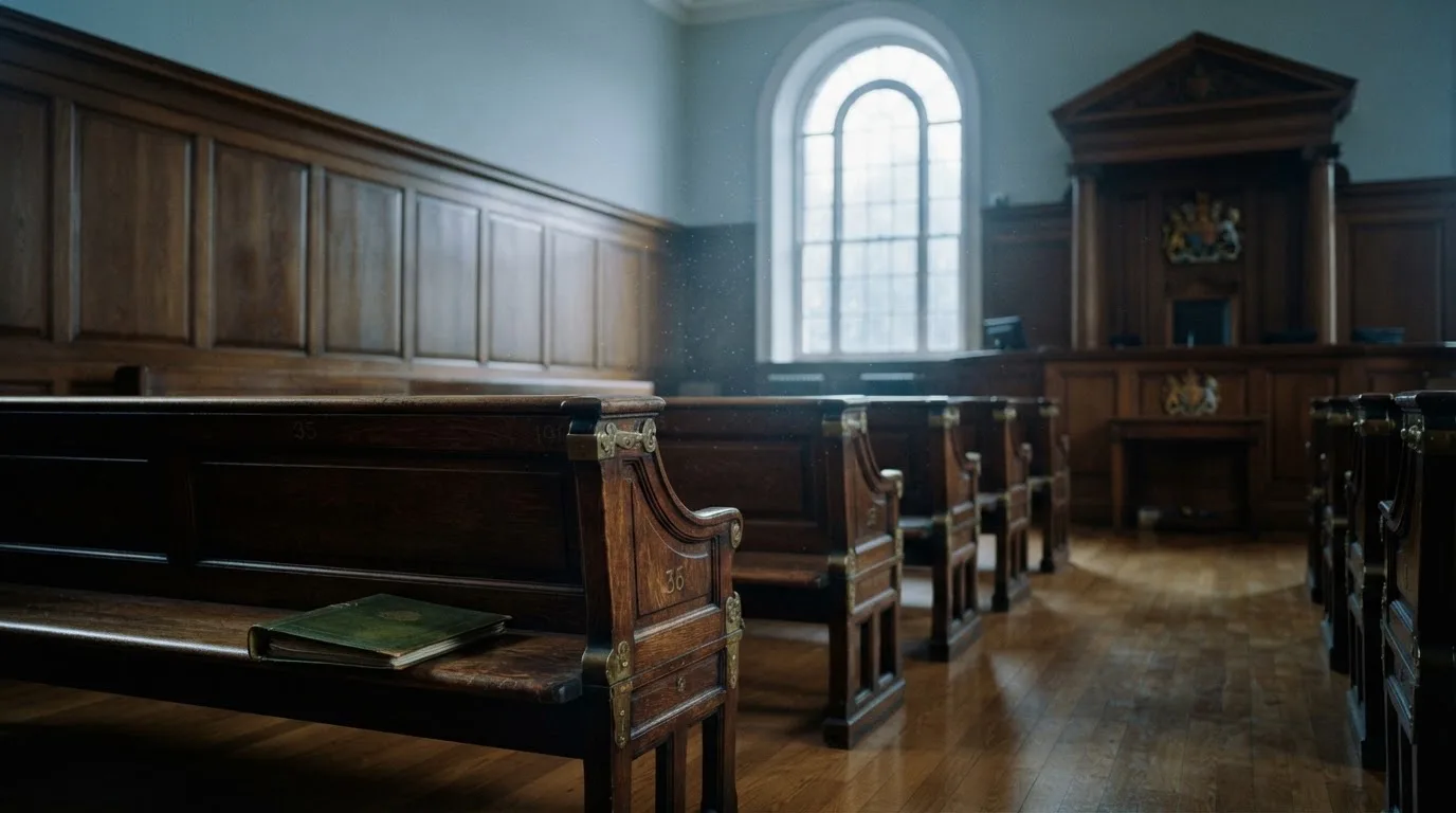 An empty courtroom with wooden benches in morning light