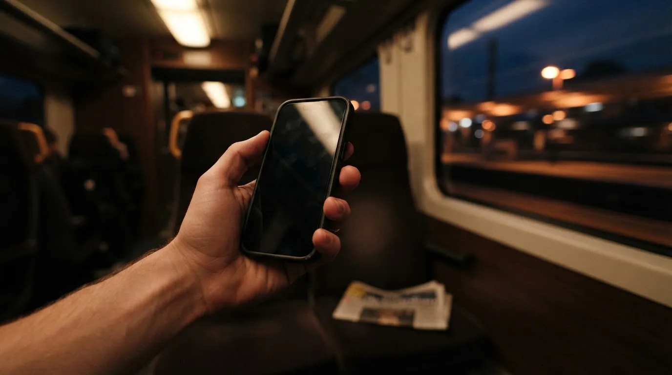 A hand holding a smartphone on a train in the evening, screen turned away