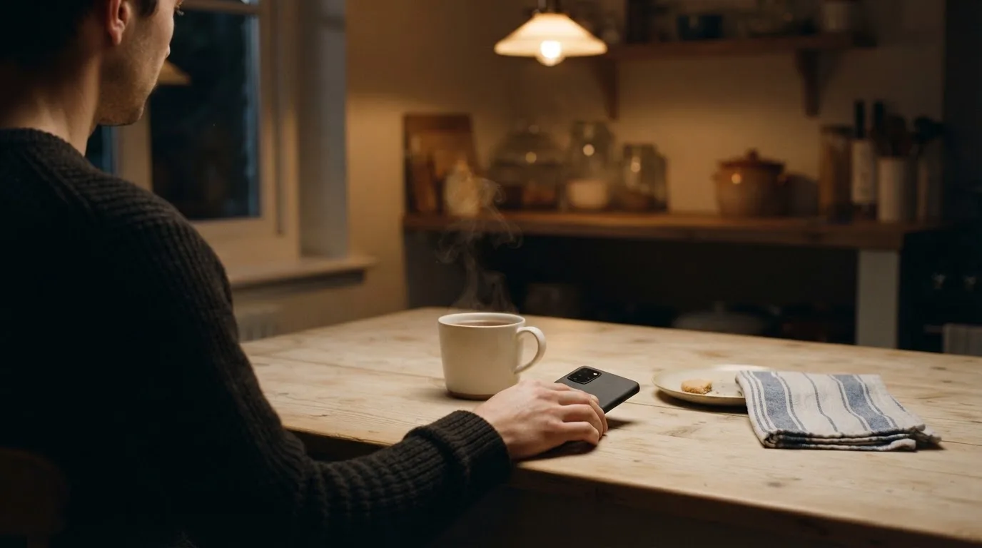 A hand setting a smartphone down beside a cup of tea on a kitchen table on a quiet evening