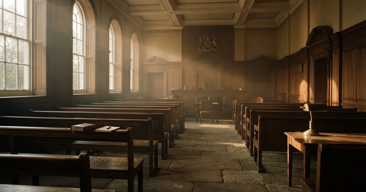 An empty courtroom with wooden benches in morning light