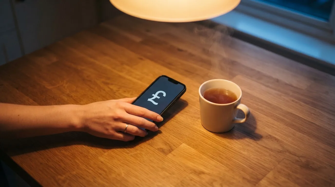 A hand setting a smartphone down beside a cup of tea on a kitchen table on a quiet evening